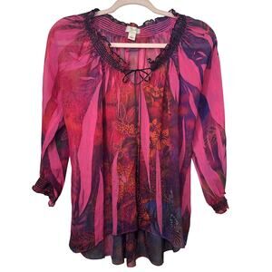 Sm Y2K VTG Sheer Pink Floral Rhinestone Blouse USA Made Boho Fairy Grunge Whimsy
